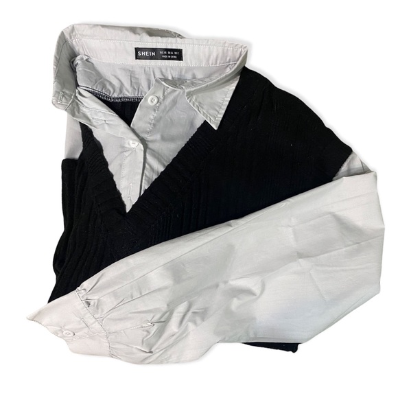 black sweater vest white button up 2 in 1 blouse - Picture 3 of 3